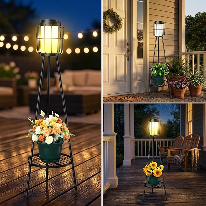 2-in-1 Solar Lights Outdoor with Plant Stand, Waterproof Solar Floor Lamp & Tall Metal Planter Holder for Outside, Decorative Tripod Pathway Lantern for Patio, Garden, Porch, Yard Decor (2 Pack)