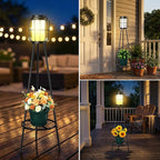 2-in-1 Solar Lights Outdoor with Plant Stand, Waterproof Solar Floor Lamp & Tall Metal Planter Holder for Outside, Decorative Tripod Pathway Lantern for Patio, Garden, Porch, Yard Decor (2 Pack)