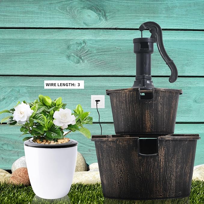 YI 27-Inch 2 Tier Water Fountains Outdoor Waterfall Barrel Fountain Pump Garden 2-Tier Barrel and Pump Waterfall Fountain, Plastic for Garden Patio Backyard Porc