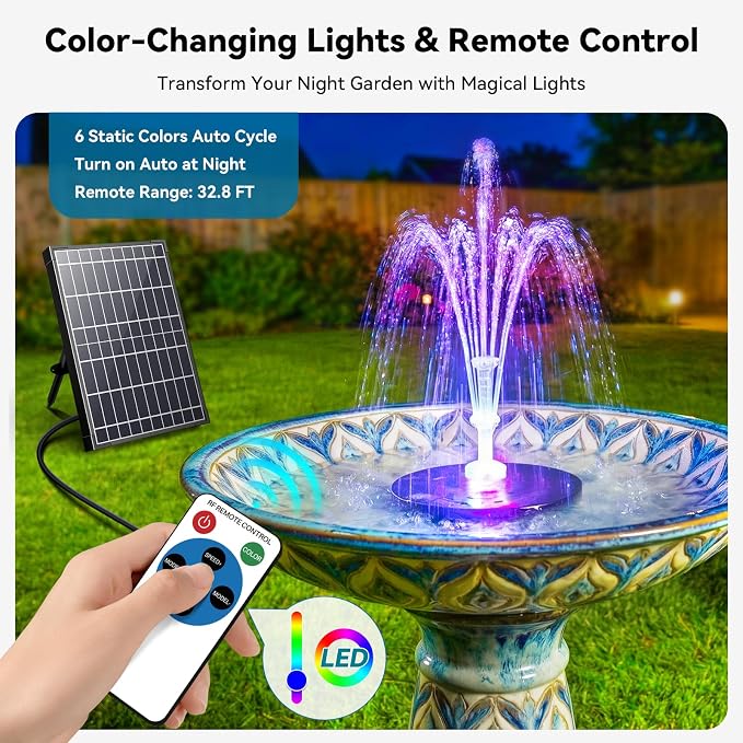 Antfraer 12W Solar Fountain Pump with 4200mAh Battery Backup& Remote RGB LED Lights, Floating Solar Water Fountain with 8 Nozzles & PVC Tubing for Bird Bath, Garden, Backyard, Outdoor Water Feature