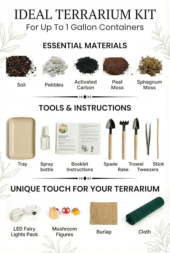 DIY Terrarium Kit with 13 Items Soil Pebbles Sphagnum Moss Activated Carbon Burlap Peat Moss Terrarium Tools Indoor Garden Make Your Own Terrarium