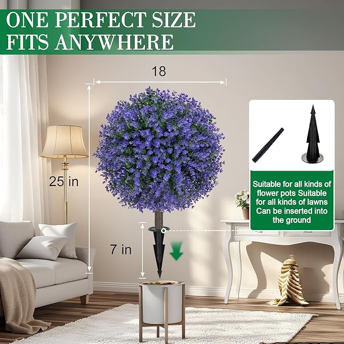 AOKIIE Set of 2 Artificial Purple Boxwood Topiary Ball Tree for Outdoor with Ground Spike, 22" UV Resistant Faux Greenery Shrubs, Fake Plants for Garden Yard Porch Patio(Purple)