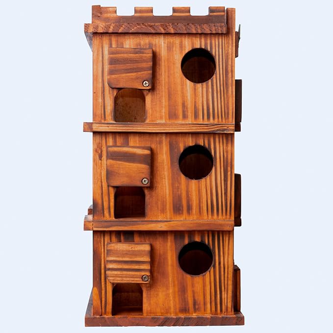 MIXUMON Wooden Bird Houses for Outside – 14 Rooms Large Bird House, Carbonized Pine Rustic Finish, 1.57" Entrance Holes, Cleaning Doors, Outdoor Birdhouse Nesting Box (Rustic, 14 Rooms)
