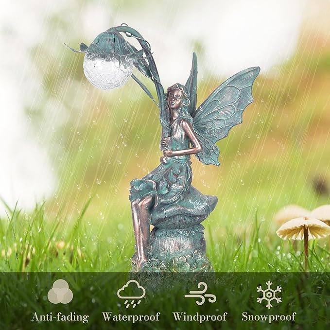 TERESA'S COLLECTIONS Garden Statues Fairy Sculptures & Statues, Outdoor Solar Light Garden Decor Resin Patina Bronze Figurines for Outdoor Decor, Valentines Decorations Gifts for Women Mom, 13.8''