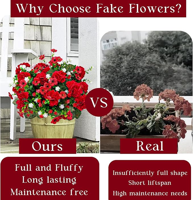 8 Bundles Artificial Geranium Flowers for Outdoors, Realistic Silk Geraniums Fake Flowers UV Resistant Faux Plants for Porch Front Door Planter Patio Balcony Outside Decor (Mixcolor)