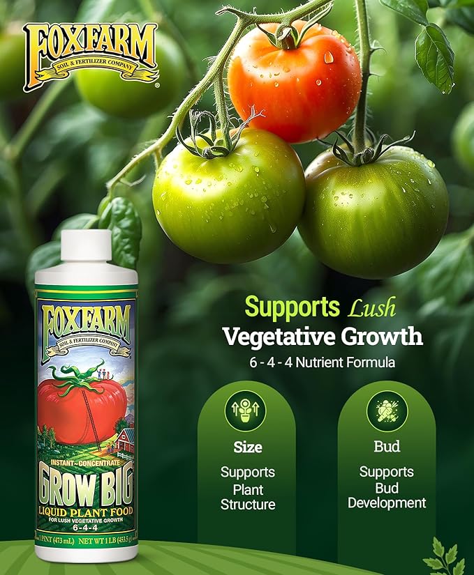 FoxFarm Grow Big Liquid Plant Food - 6-4-4 House Plant Fertilizer for Lush Vegetative Growth, Fast Nutrient Uptake for Roses, Tomatoes & Veggies - Pint Size Concentrate