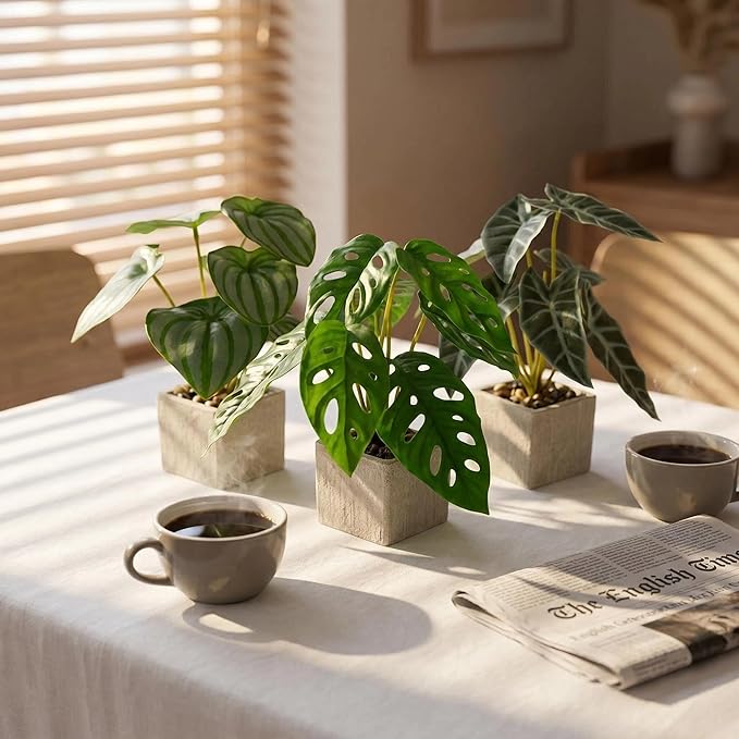 3pcs Small Fake Plants Artificial Begonia Leaves Faux Plants Indoor for Office Desk Shelf Bathroom Home Decor (3Pcs -7 Leaves)