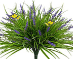 16 Bundles Artificial Outdoor Plants and 2 Pcs Butterfly Stakes Fake Monkey Grass with Flowers UV Resistant Faux Plant Greenery for Outside Planter Porch Patio Garden Window (Purple)