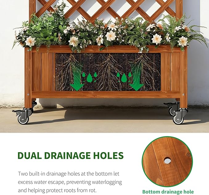 Upgraded 2-Pack 50" Tall Trellis Planter Box with Wheels, 49.8"H × 27.6"W × 13.0"D Solid Fir Wood Raised Garden Bed & Lattice Privacy Screen, Rolling Planter with Drainage for Patio/Garden