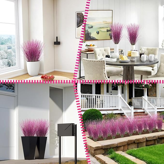 12 Bundles Artificial Grass Plants Outdoor Tall Faux Shrubs Greenery Stems Fake Onion Grasses Wheat UV Resistant for Outside Garden Indoor Office Home Decor（Pink）