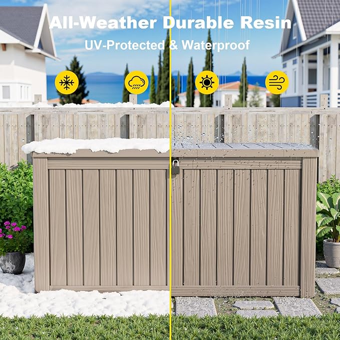180Gallon Waterproof Outdoor Storage Box, UV Resistant Resin Deck Box with Hydraulic Rod for Reinforced Stability, Perfect for Patio, Garden, and Pool（Grey，180 Gallon）