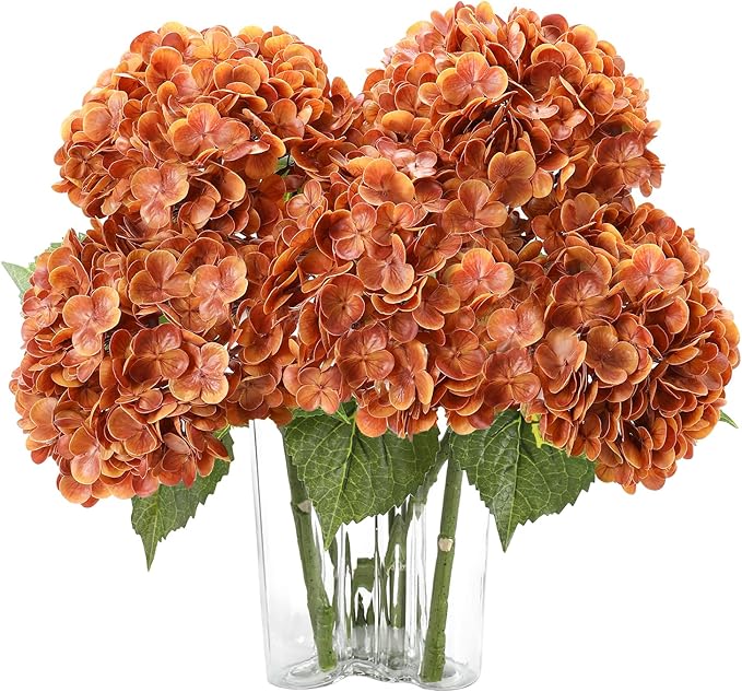 Coferset Fall Orange Hydrangea Artificial Flowers 3pcs Lifelike Faux Hydrangea Real Touch Fake Flowers for Home Wedding Christmas Office Party Living Room Decoration,22inch