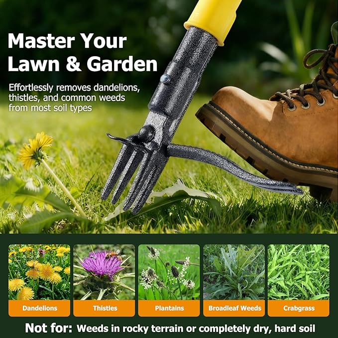 Weed Puller Tool Stand Up with Slide-Release Ejection, Reinforced Steel Weeder with 3-Section Long Handle, No-Touch Cleaning for Lawn & Garden, Heavy Duty No Bend Weeding Tool for Dandelions, Thistles