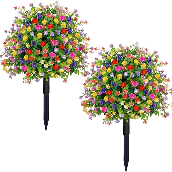 2 Pack Artificial Topiary Boxwood Ball Trees with Ground Spike, 23.6'' Faux Shrubs Fake Brush Plants Flowers Greenery for Indoor Front Porch Garden Outdoor Decoration