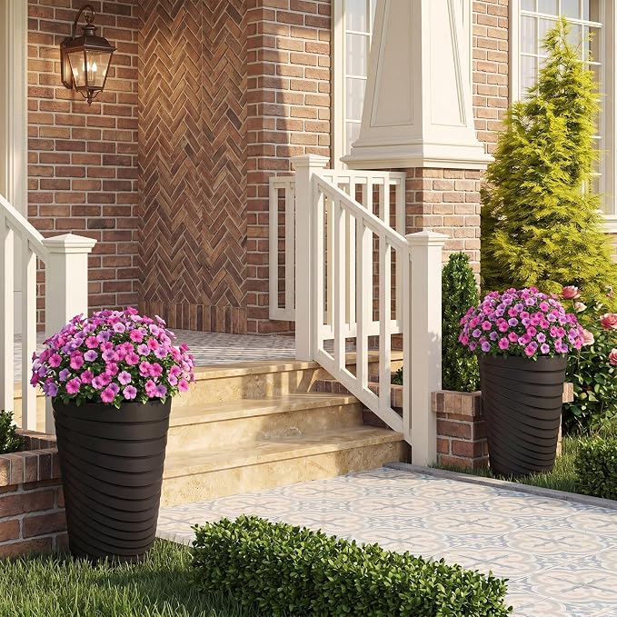 Giantex 18" Tall Flower Pot Set of 2, Modern Decorative Planter Pots w/Insert Bucket, Handle, Drainage Holes, Round Spiral Textured Flower Pots for Outdoor Indoor Garden Patio Front Porch (Black)