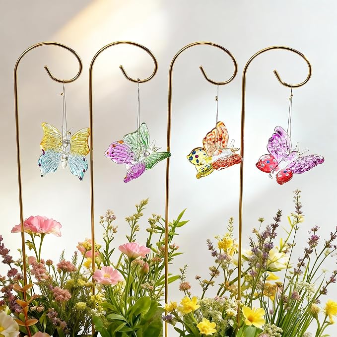 HDCRYSTALGIFTS 4pcs Blown Glass Butterfly Stakes Garden Decorations, Colorful Butterfly Suncatchers with 13.5inch Small Golden Stakes for Flower Bouquet Outdoor Indoor Plant Pot Flower Bed Home Décor