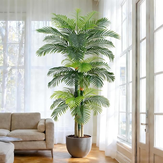 8.5ft Artificial Golden Cane Palm Tree - Large Triple Fake Palm Tree in Pot for Indoor/Outdoor, Patio, Pool, Big House, Office, Backyard, Home Decor - Green, Extra Tall