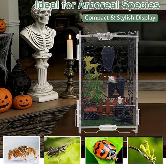 Jumping Spider Enclosure 5.1"x3.1"x3.1" – Magnetic Locking Lid, Front Opening Door, Feeding Port, Easy Assembly Habitat for Tarantula, Mantis, Small Reptiles (Accessories Not Included)