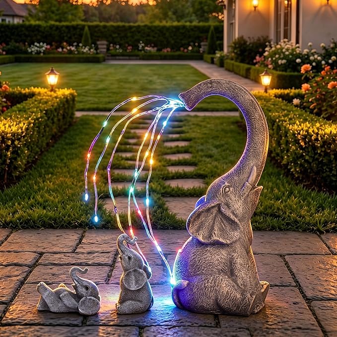 Qeeman Solar Elephant Statue Family Set 3Pcs: IP44 Weatherproof Outdoor Tricolour LED Lights Decor - Paths Patio Backyard Garden Sculpture Ornament for Mom Grandma Women