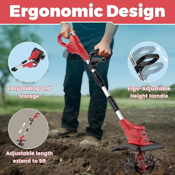 Battery Powered Tiller Compatible with Milwaukee 18V Battery(Tool Only), 310RPM Folding Electric Rototiller Features 40 Steel Tines, 9.1In Tilling Width & 6.3In Depth Tiller