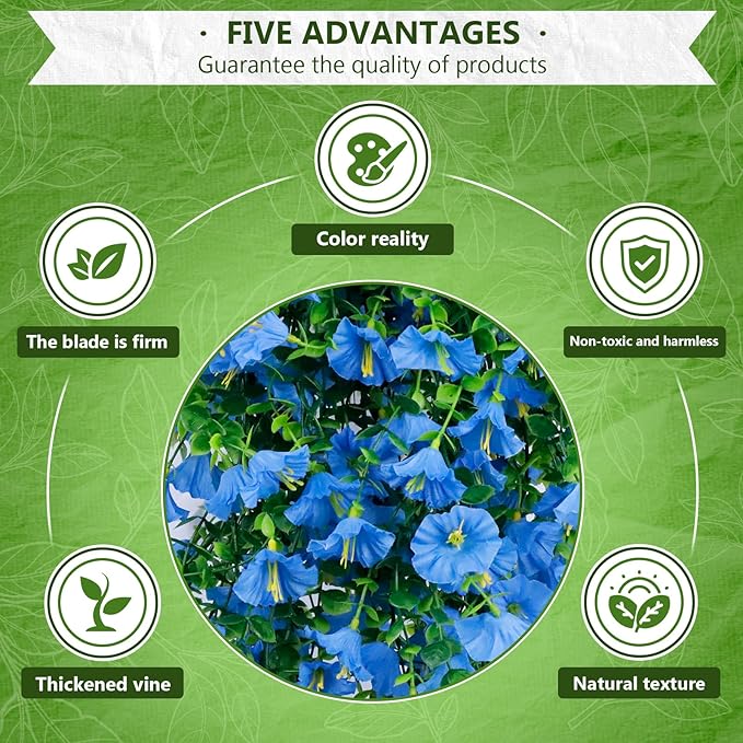 4-Pack Fake Hanging Plants, Faux Hanging Plant Artificial Greenery for Living Room Bedroom Boho Wall Shelf Indoor Outdoor Decor (Blue Morning Glory)