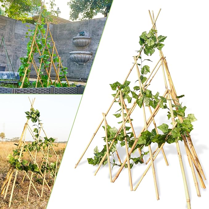 4ft Expandable Bamboo Teepee Trellis for Climbing Plants, Self-Standing Natural Bamboo Trellis for Plant Support, Folding Garden Trellis for Vines Flowers Vegetable Indoor Outdoor