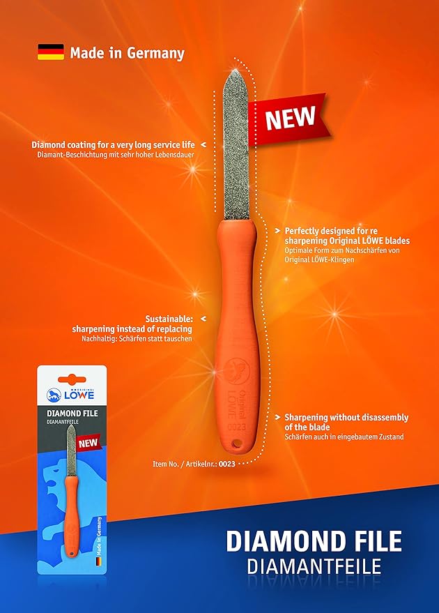 Original LÖWE Diamond file 0023 with ergonomic grip shape, fine structure with robust and durable diamond coating, for scissors, axes and tools