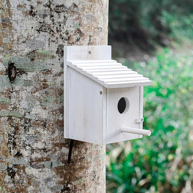 NATUREYLWL Wooden Bird House for Outside with Perch - Weatherproof Hanging Birdhouse for Finches, Bluebirds, Cardinals - Outdoor Garden Birdhouse with Easy Clean Design