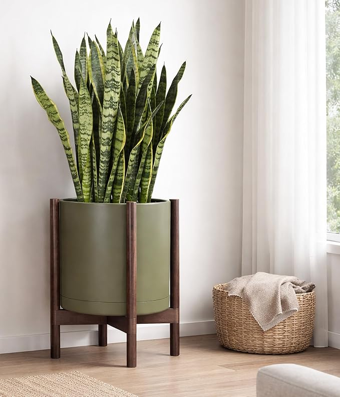 D'vine Dev Planter Pot with Stand - 16 Inch Plastic Cylinder Flower Pot with Wood Planter Holder for Indoor, Olive Pot + Walnut Color Stand, 55-C-X-3