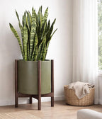 D'vine Dev Planter Pot with Stand - 16 Inch Plastic Cylinder Flower Pot with Wood Planter Holder for Indoor, Olive Pot + Walnut Color Stand, 55-C-X-3