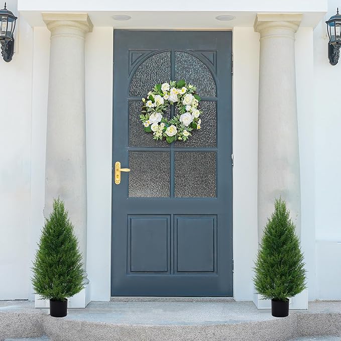 2Pack 3FT Artificial Cedar Trees in Pots, UV Resistant Faux Evergreen Plants for Indoor Outdoor Decoration, Modern Porch & Entryway Greenery