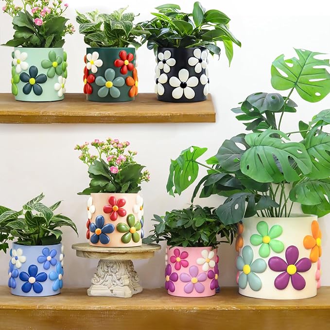 GUGUGO Colorful Flowers Planters Cute Unique Rainbow Planter with Drainage, Vintage Retro Flower Plant pots for Indoor Plants, Eclectic Succulent Gardening Pot for Boho Modern Home Décor-Black