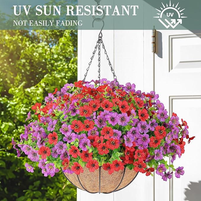 2 Set Artificial Flowers Hanging Plants in Basket,Artificial Hanging Flowers for Outdoor Indoor Decor,UV Resistant hanging Baskets with Fake Flowers for Spring Summer Patio Garden Porch Deck Decor