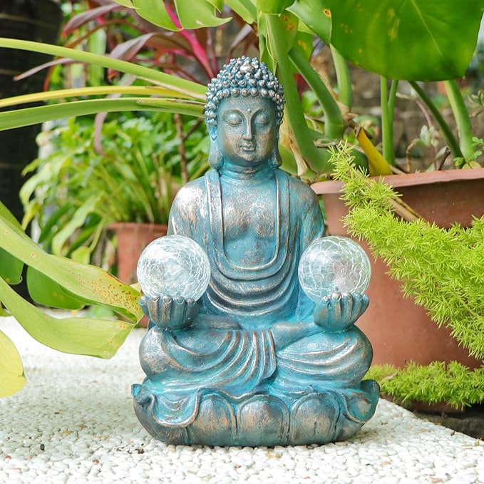 Afirst 10.5'' Meditating Buddha Garden Statues Solar Buddha Sculpture Decor with Glass Balls Zen Meditation for Home Garden Yard Patio Indoor Outdoor Ornaments Gifts for Mom