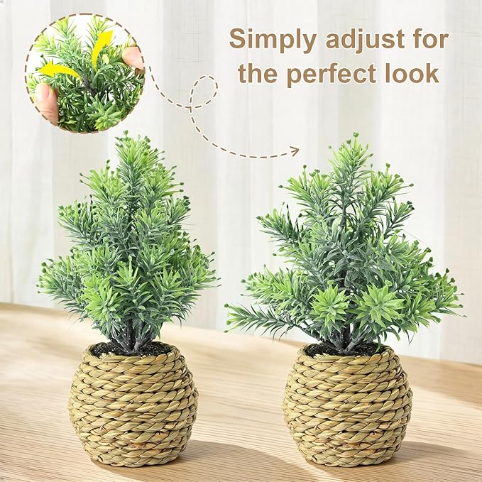 Small Fake Potted Plants: 9 Inches Artificial Plants with Seagrass Handwoven Planters, Indoor Farmhouse Decorations, Eucalyptus Plant for Home Bathroom Office Shelf Tabletop Desk Room Decor