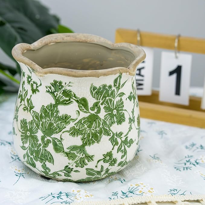 Dosayes Rustic Ceramic Planter, 6 Inch Tuscan Vintage Flower Pot with Drainage, Farmhouse Garden Pot for Indoor Plants, Kitchen & Garden Tuscan Decor, Plant Lover Gift (Green)