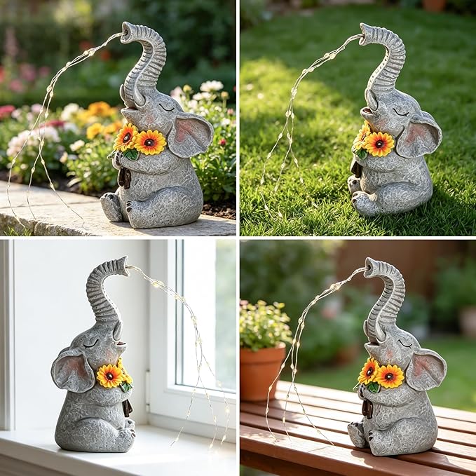 mocosa Solar Garden Statues Elephant and LED Lights Birthday Gifts for Women Mom Grandma Solar Outdoor Cat Decor for Outside,Outdoor Solar Lights for Yard, Garden and Patio, Unique Gift for Women