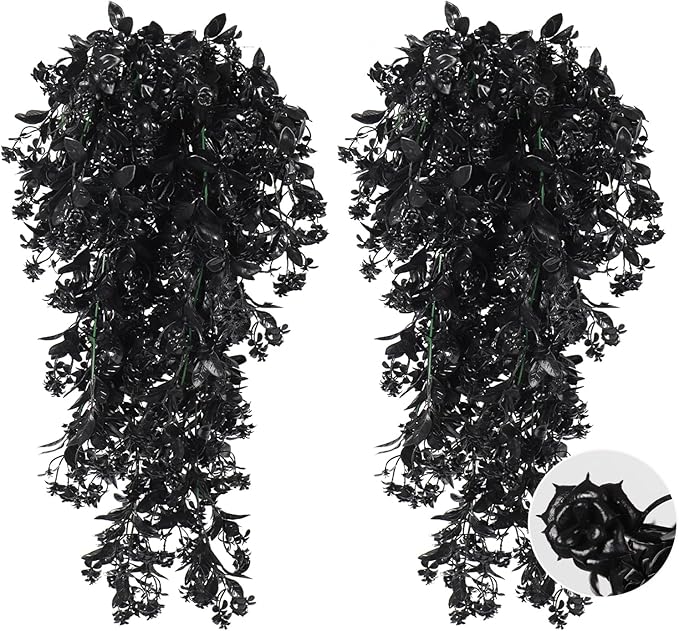RECUTMS Hanging Artificial Plants Faux UV Resistant Flowers Bulk Outdoor Plastic Greenery for Party Home Wall Bedroom Window Hanging Planter Outside Decor Pack of 2 (Black)