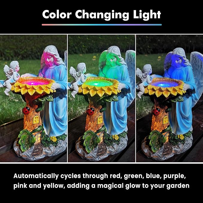 Voveexy Solar Garden Statue, Angel Outdoor Decor with Color Changing Light Garden Figurine Sunflower Outdoor Statue Waterproof Sculpture Lawn Ornament for Patio Backyard Christmas Birthday Present