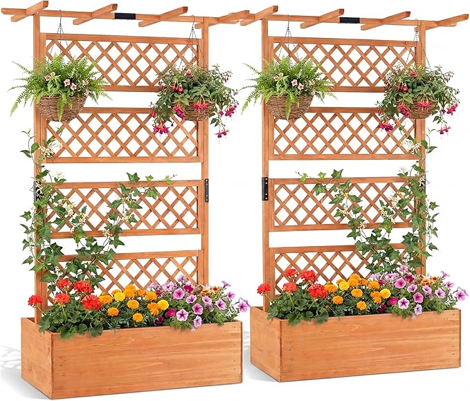 Giantex Raised Garden Bed with Trellis 2 Pack, 72'' Wooden Planter Box Outdoor w/Privacy Screen Roof, Large Vertical Garden Planter w/Drainage Holes for Climbing Plants, Patio Balcony Backyard