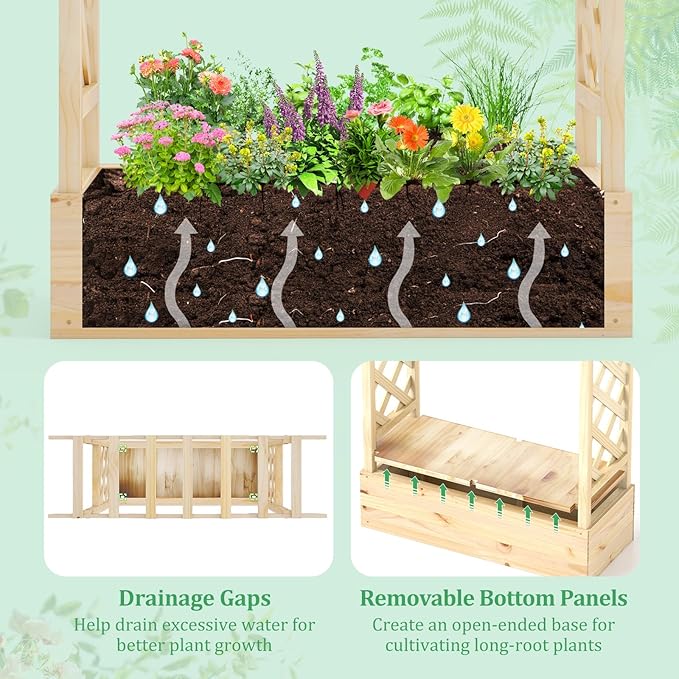 HAPPYGRILL Raised Garden Bed with Trellis, 2 Wood Planter Box w/Hanging Roof, Drainage System, Elevated Garden Box for Climbing Vine, Outdoor Planter w/Trellis for Patio Balcony, 44" x 14" x 45"