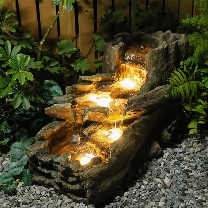 Sunlinua 34.25" L Outdoor Water Fountain with 3 Tiers Large Cascading Realistic Tree Trunk Waterfall Fountains with LED Lights Outdoor Water Fountain for Garden Patio Backyard Porch Home Decor