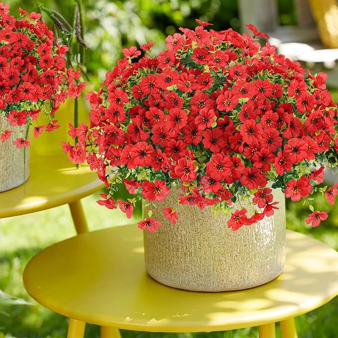 ATTGREAT Artificial Flowers Outdoor Faux Plants UV Resistant Fake Patio Flowers Plastic Greenery Plnats Outside Bulk for Spring Garden Hanging Planter Home Vase Decor, 24 Bundles (Red)