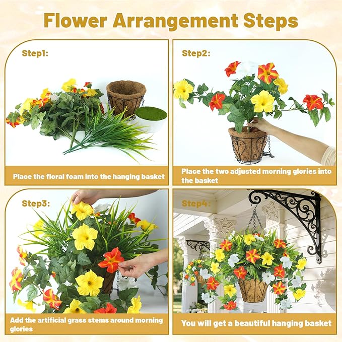 2 Pack Artificial Flowers Hanging Baskets for Outdoors, 10 PCS UV Resistant Faux Outdoor Plants, Fake Petunias Silk Flowers for Garden Balcony Yard Porch Decor (Yellow Orange White)