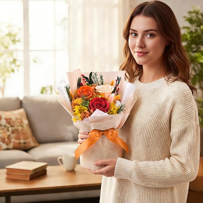Gnifot Preserved Flowers Bouquet, Flowers for Delivery,Handmade Orange Rose Bouquets Lasting 3-5 Years, Luxury Gift Box,Birthday Flowers Gifts for Women Mom Grandma Wife Friends