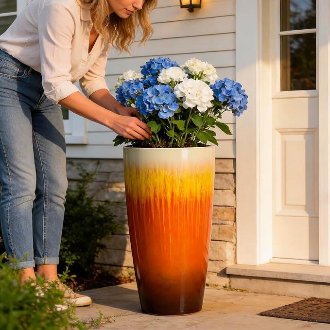 21 inch Tall Planter, Set of 2 Tall Planters for Outdoor & Indoor Plants, Large Outdoor Planters for Front Porch, Patio, Garden (Orange Flowing Glaze)