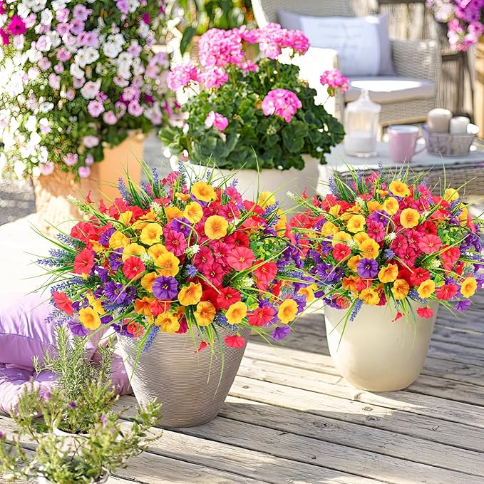 Artificial Flowers for Outdoors, Artificial Petunias Paired with Lavender UV Resistant Plastic Flower,Spring Flowers Used for Hanging Flower Pots, Porch Windows,Weddings Decorations (12 PCS)