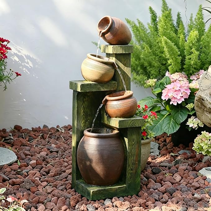 Outdoor Water Fountain with LED Lights, 4-Tier Cascading Waterfall Fountain, Rustic Wood Barrel Resin Outdoor Water Fountain for Garden Patio Backyard Porch Indoor Decor, 36.6" H
