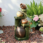 Outdoor Water Fountain with LED Lights, 4-Tier Cascading Waterfall Fountain, Rustic Wood Barrel Resin Outdoor Water Fountain for Garden Patio Backyard Porch Indoor Decor, 36.6" H