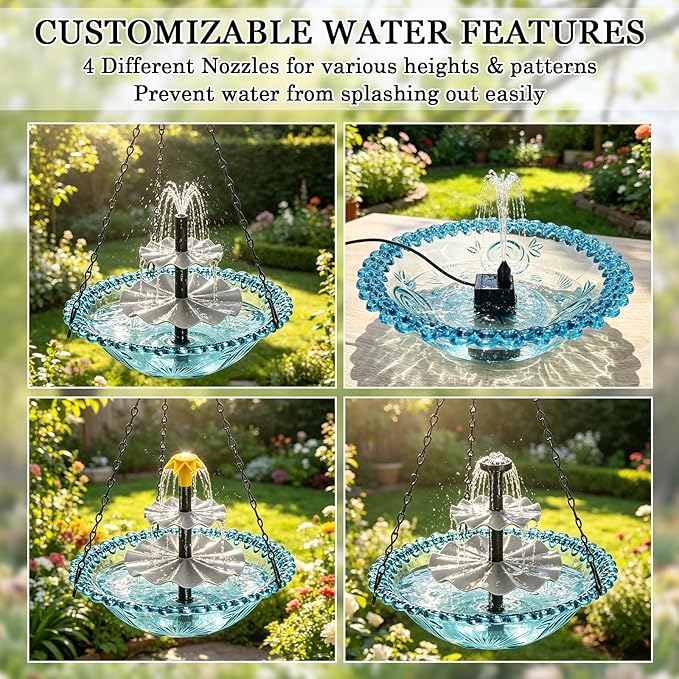 Solar Hanging Bird Bath Fountain - Upgraded 3-Tier Hanging Birdbath, Bird Baths for Garden Patio Yard Decor, Blue Outdoor Humming Birds Cascade Baths Fountains